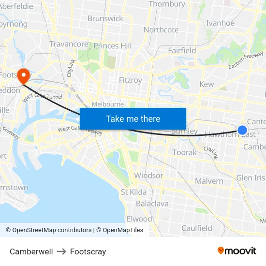 Camberwell to Footscray map