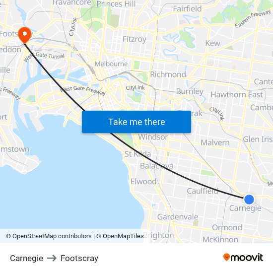 Carnegie to Footscray map