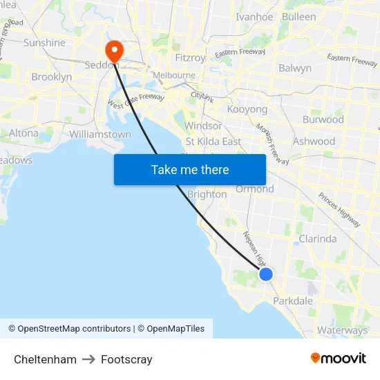 Cheltenham to Footscray map