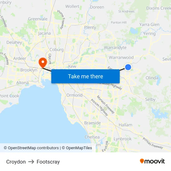 Croydon to Footscray map
