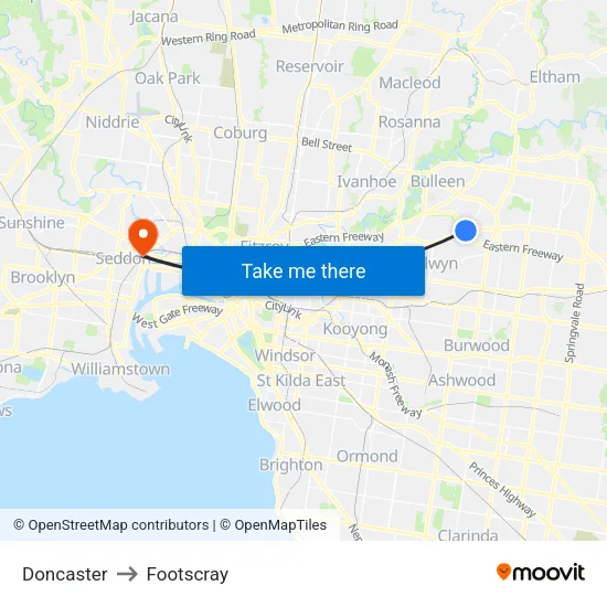 Doncaster to Footscray map