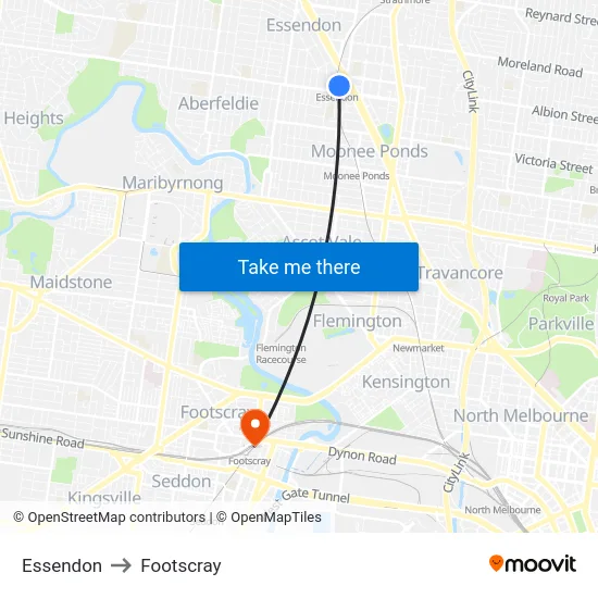 Essendon to Footscray map