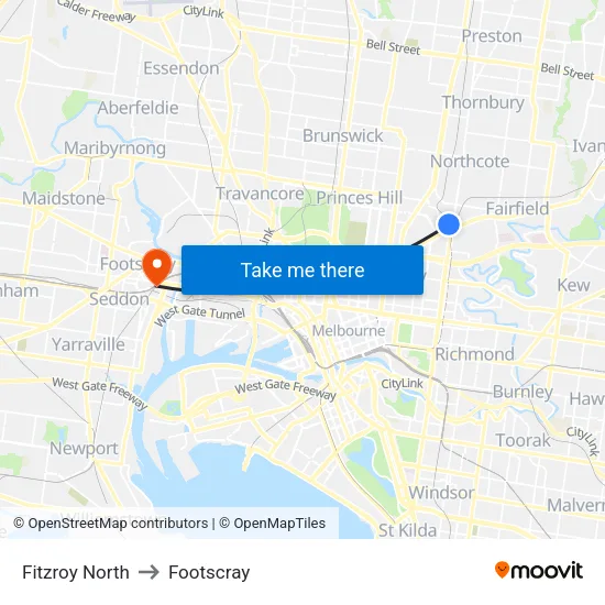 Fitzroy North to Footscray map