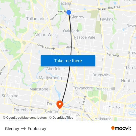 Glenroy to Footscray map