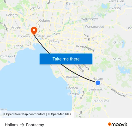 Hallam to Footscray map