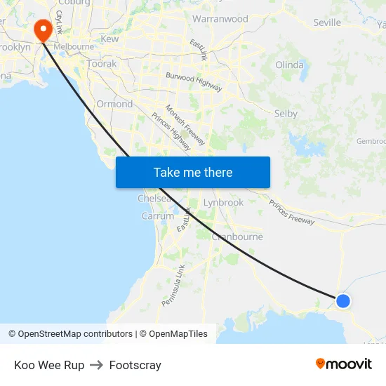 Koo Wee Rup to Footscray map