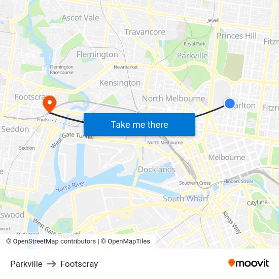 Parkville to Footscray map
