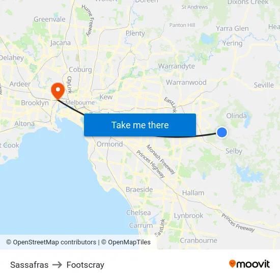 Sassafras to Footscray map
