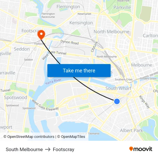 South Melbourne to Footscray map
