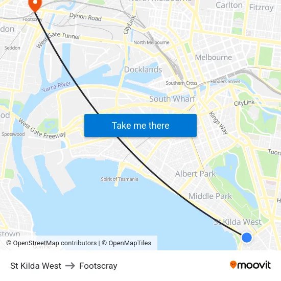 St Kilda West to Footscray map