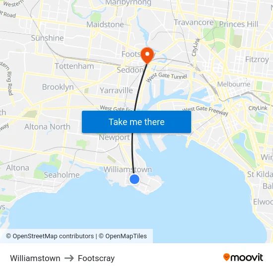 Williamstown to Footscray map