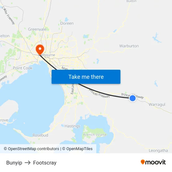 Bunyip to Footscray map
