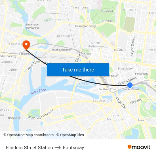 Flinders Street Station to Footscray map