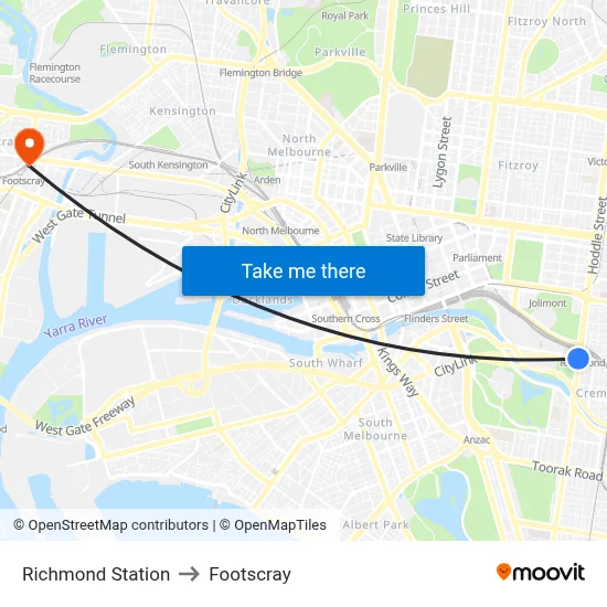Richmond Station to Footscray map