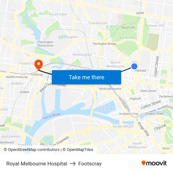 Royal Melbourne Hospital to Footscray map