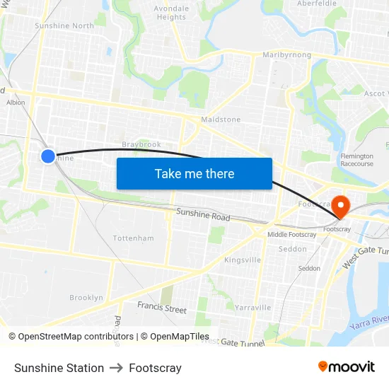Sunshine Station to Footscray map