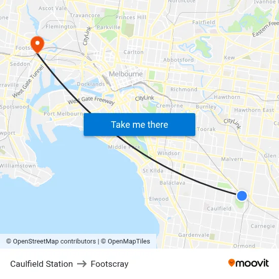 Caulfield Station to Footscray map