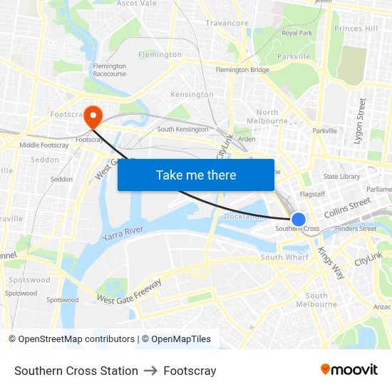 Southern Cross Station to Footscray map