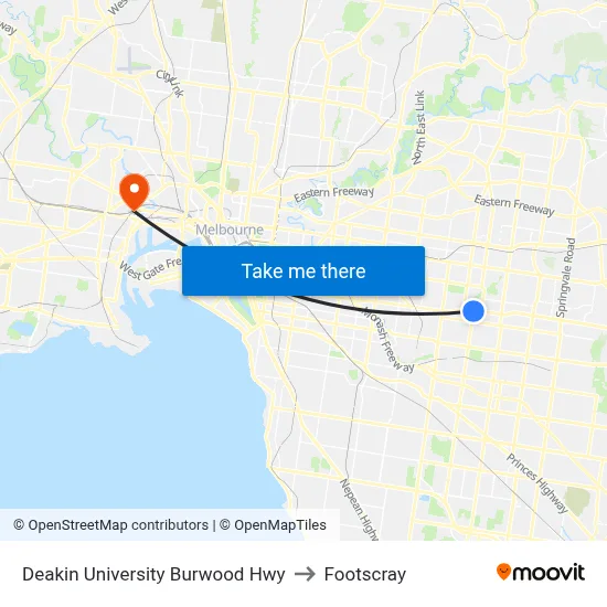 Deakin University Burwood Hwy to Footscray map