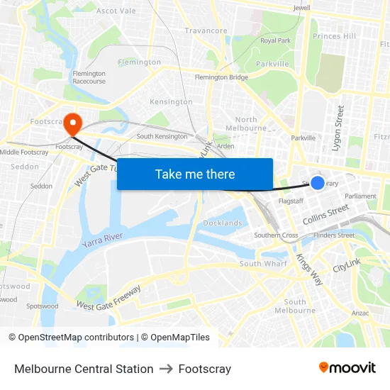 Melbourne Central Station to Footscray map