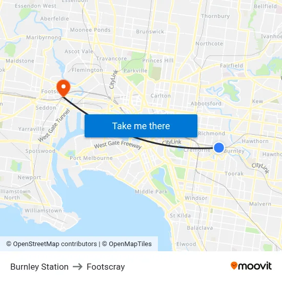 Burnley Station to Footscray map