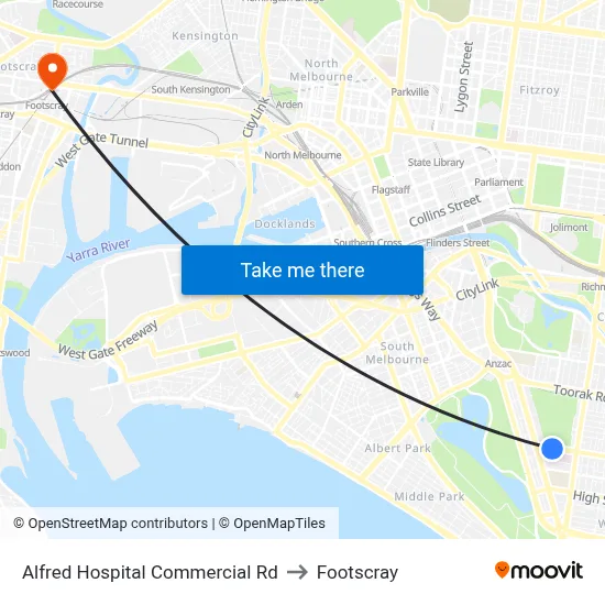 Alfred Hospital Commercial Rd to Footscray map