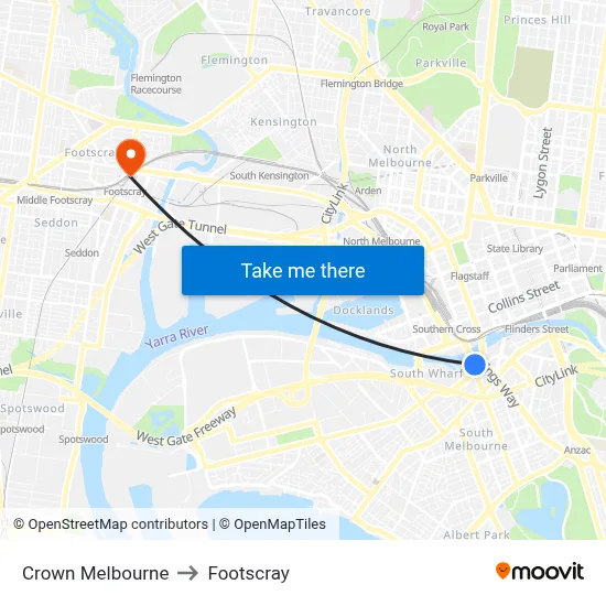 Crown Melbourne to Footscray map