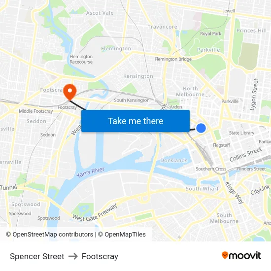 Spencer Street to Footscray map