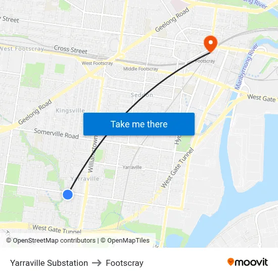 Yarraville Substation to Footscray map