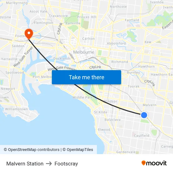 Malvern Station to Footscray map