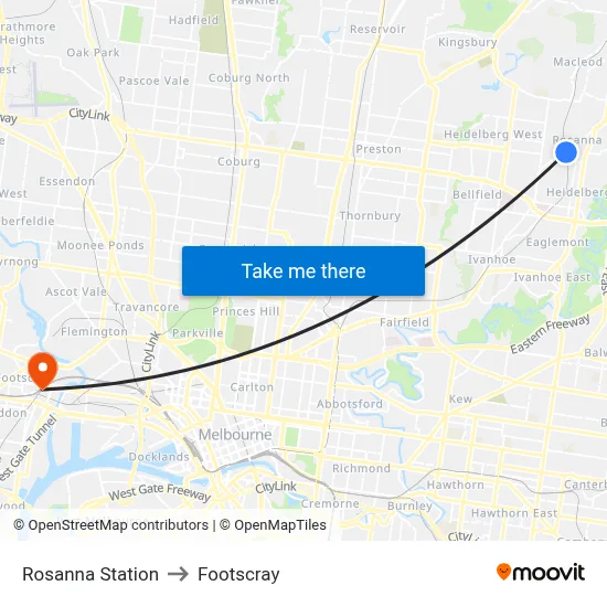 Rosanna Station to Footscray map