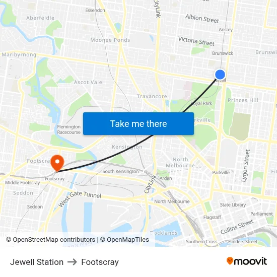 Jewell Station to Footscray map