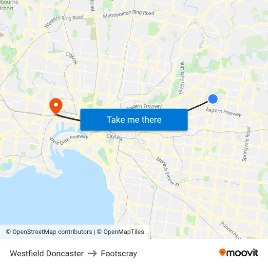 Westfield Doncaster to Footscray map