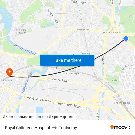 Royal Childrens Hospital to Footscray map