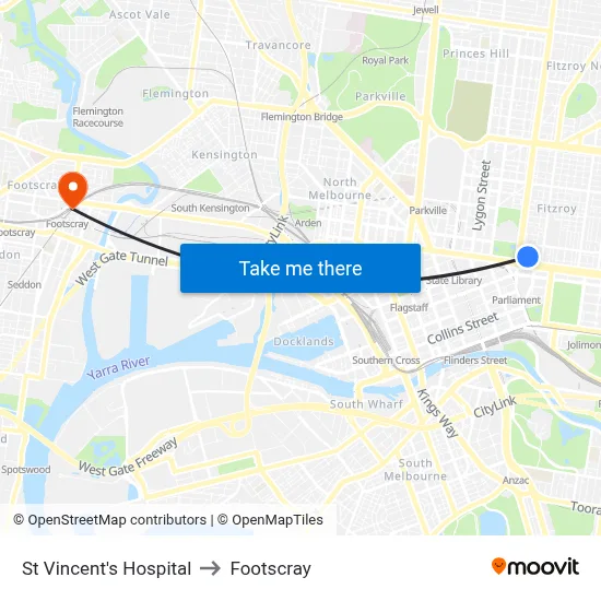 St Vincent's Hospital to Footscray map