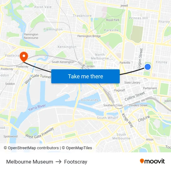 Melbourne Museum to Footscray map