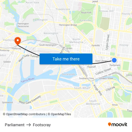 Parliament to Footscray map