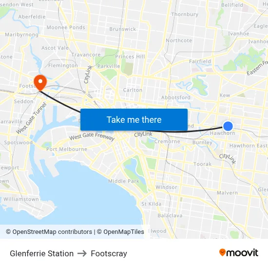 Glenferrie Station to Footscray map