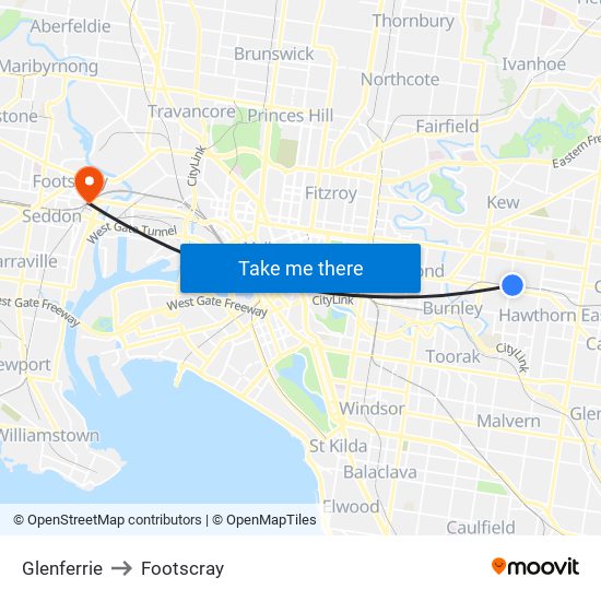 Glenferrie to Footscray map