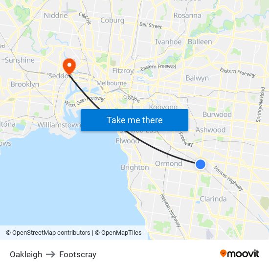 Oakleigh to Footscray map