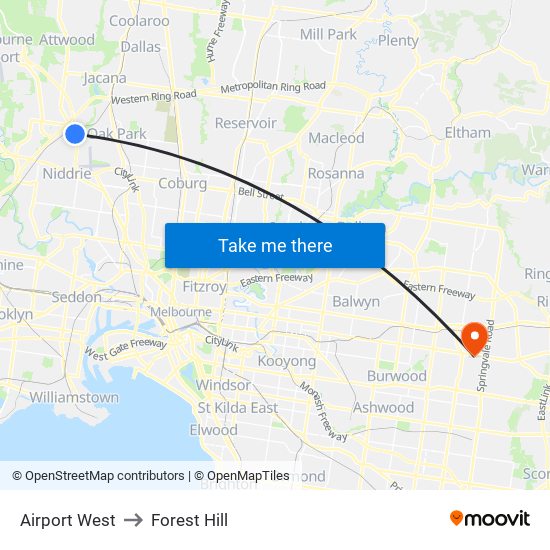 Airport West to Forest Hill map