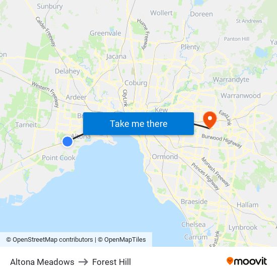 Altona Meadows to Forest Hill map