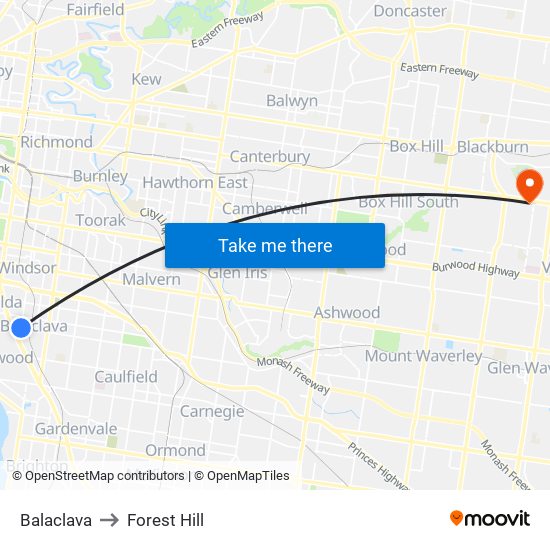 Balaclava to Forest Hill map