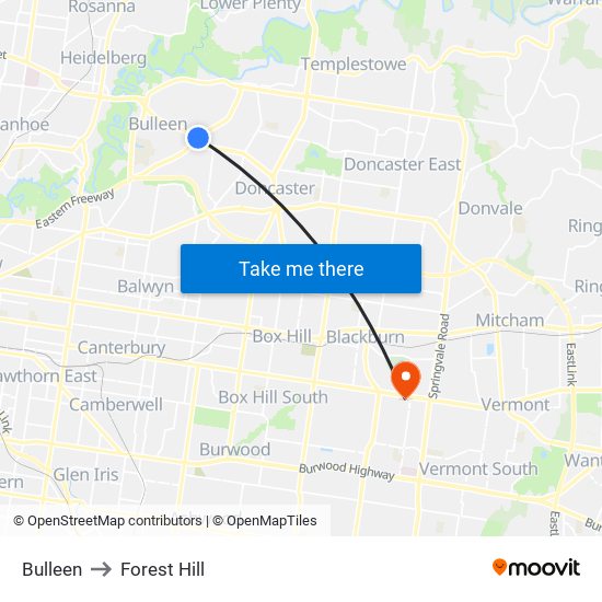 Bulleen to Forest Hill map