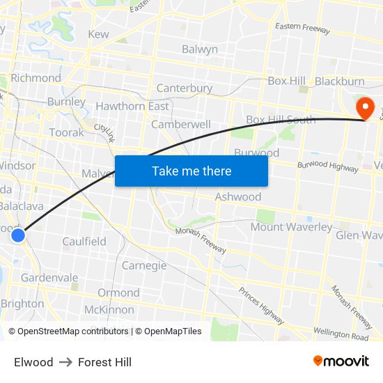 Elwood to Forest Hill map