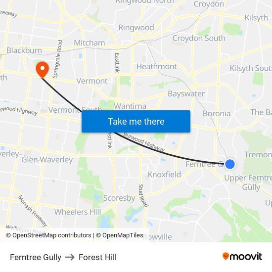 Ferntree Gully to Forest Hill map