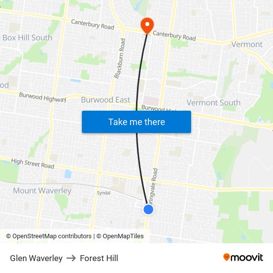 Glen Waverley to Forest Hill map