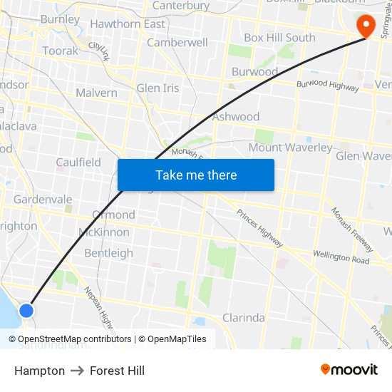 Hampton to Forest Hill map