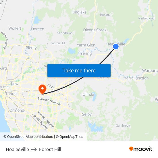 Healesville to Forest Hill map