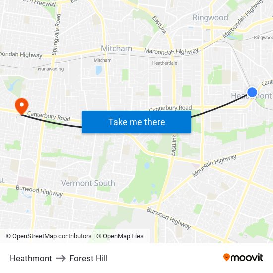 Heathmont to Forest Hill map